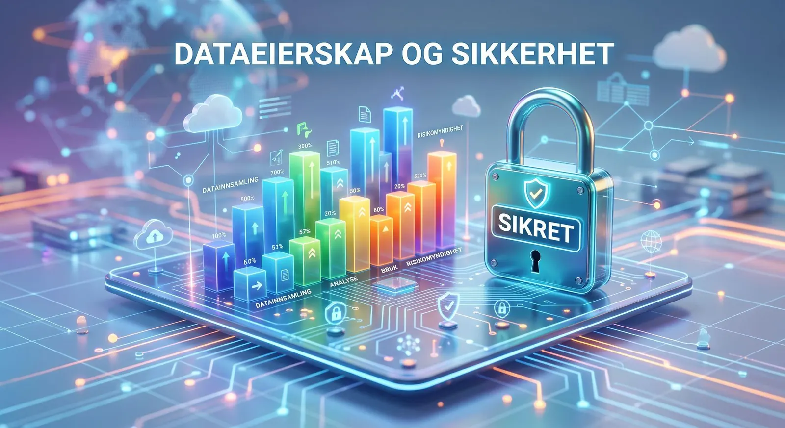 Illustrasjon av dataeierskap: søylediagram og en hengelås merket sikret