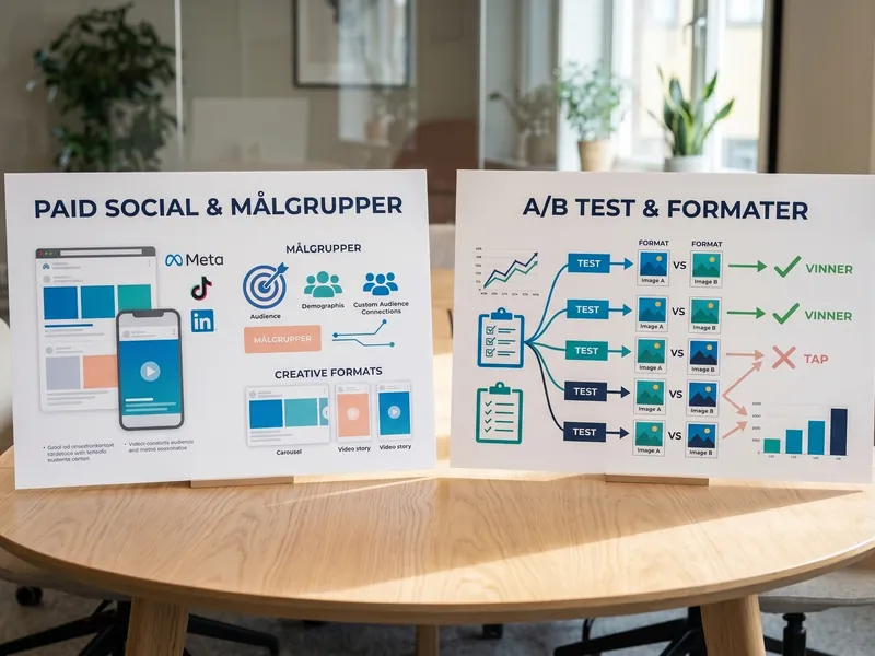 Plansjer om paid social, målgrupper og A/B-testing av formater